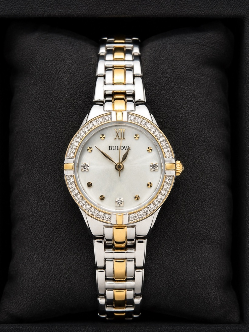NEW Bulova Two-Tone Gold and Silver Women's Diamond Accent Mother-of-Pearl Watch